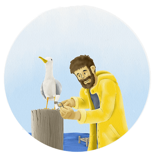 Sailor tying a letter to a seagull's foot