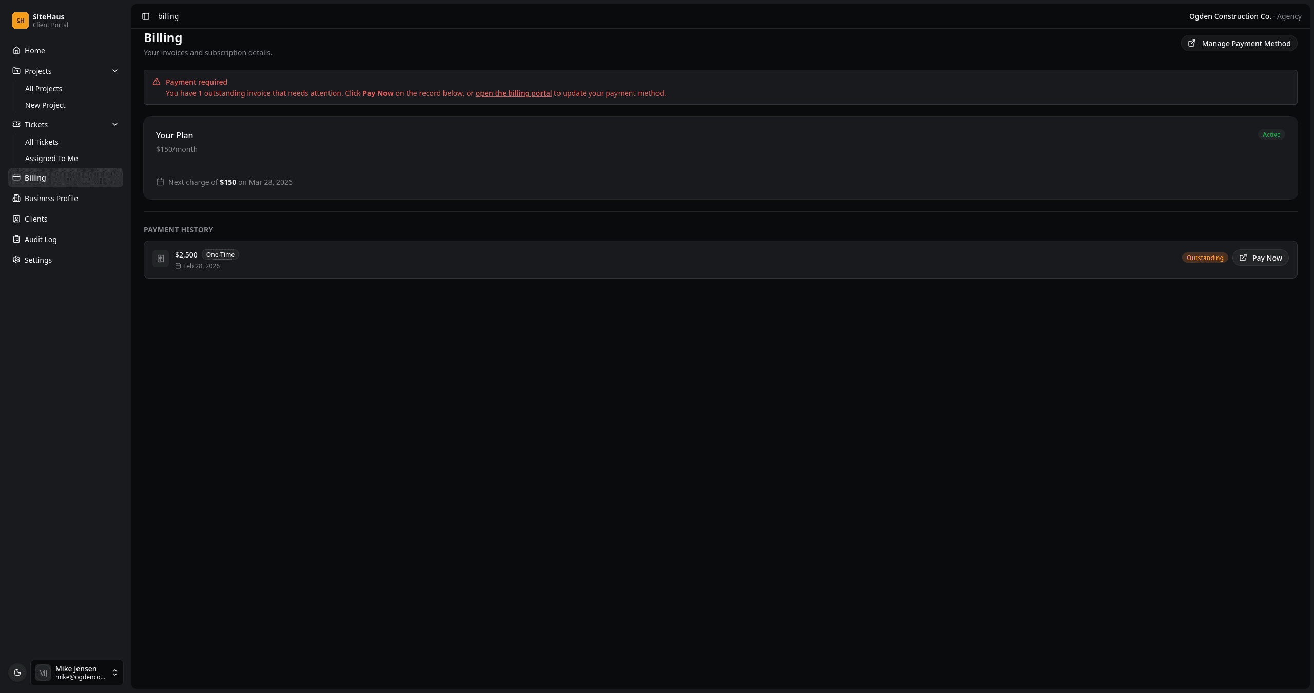 Billing view showing invoices and payment history